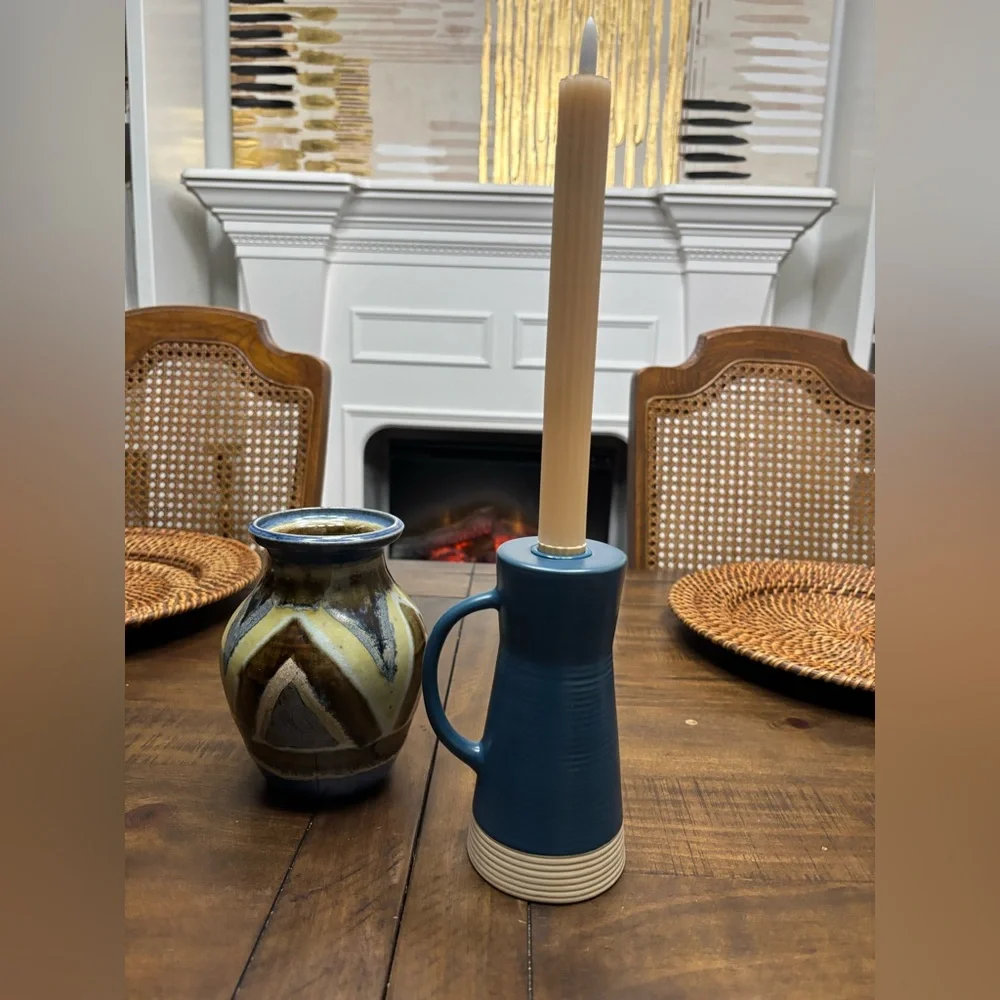 Crate&barrel blue and beige ceramic ribbed candle holder